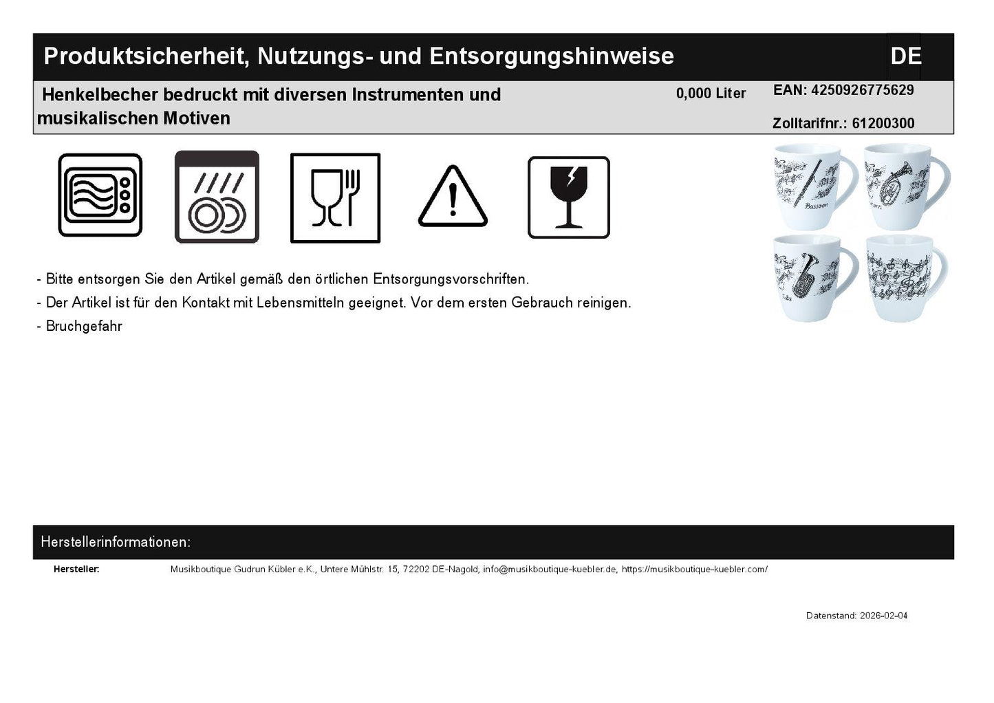 Henkelbecher bedruckt mit diversen Instrumenten und musikalischen Motiven