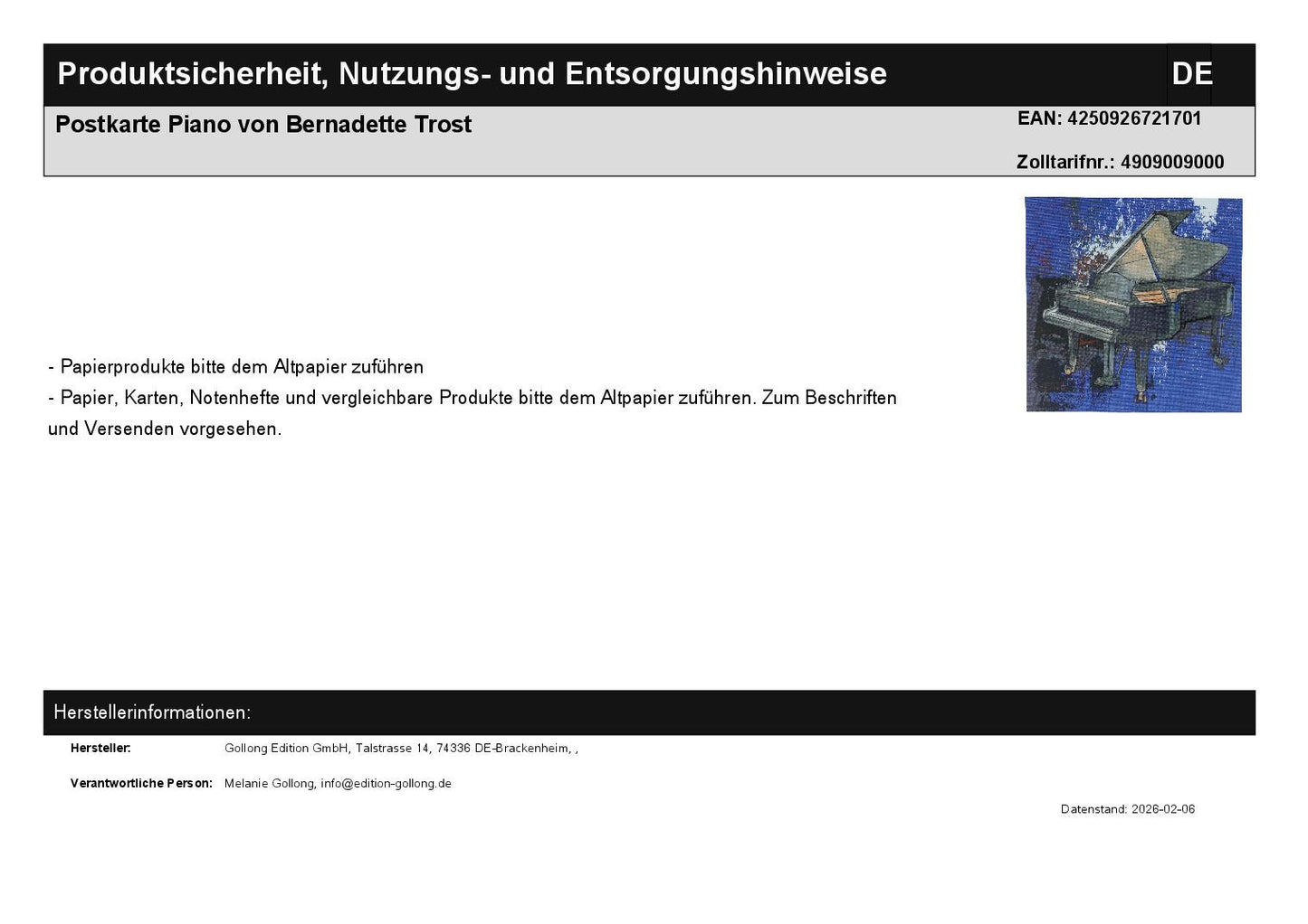 Postkarte Piano von Bernadette Trost