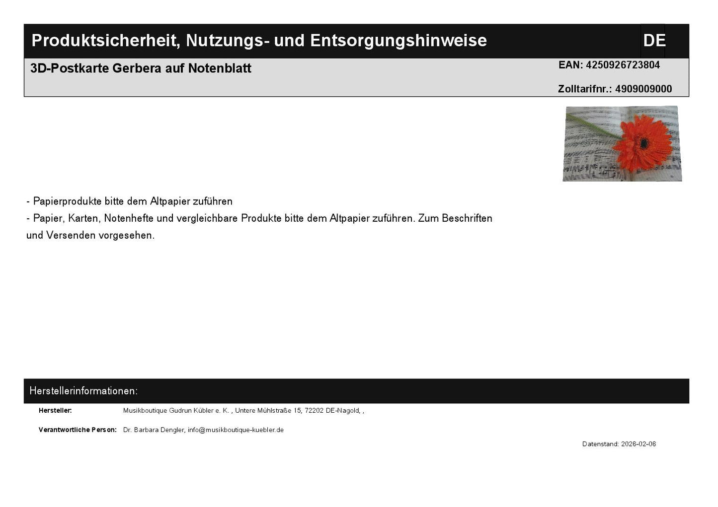 3D postcard Gerbera on sheet music