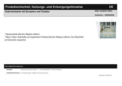 Gift card with saxophone and keyboard