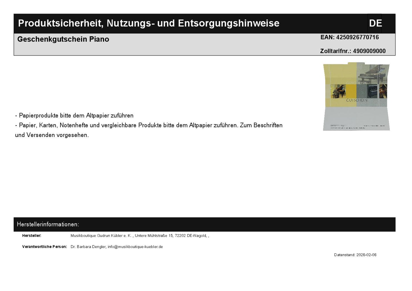 Geschenkgutschein Piano