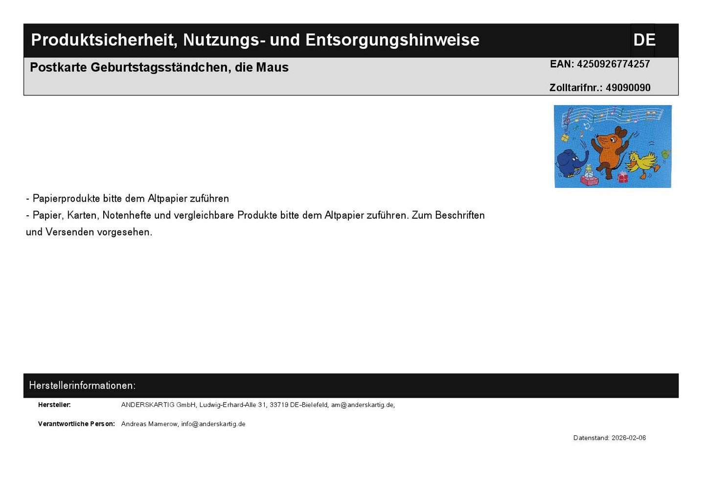 Postkarte Geburtstagsständchen, die Maus