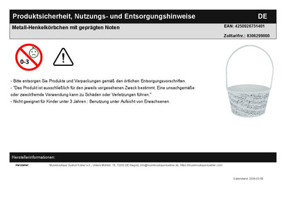 Metall-Henkelkörbchen mit geprägten Noten