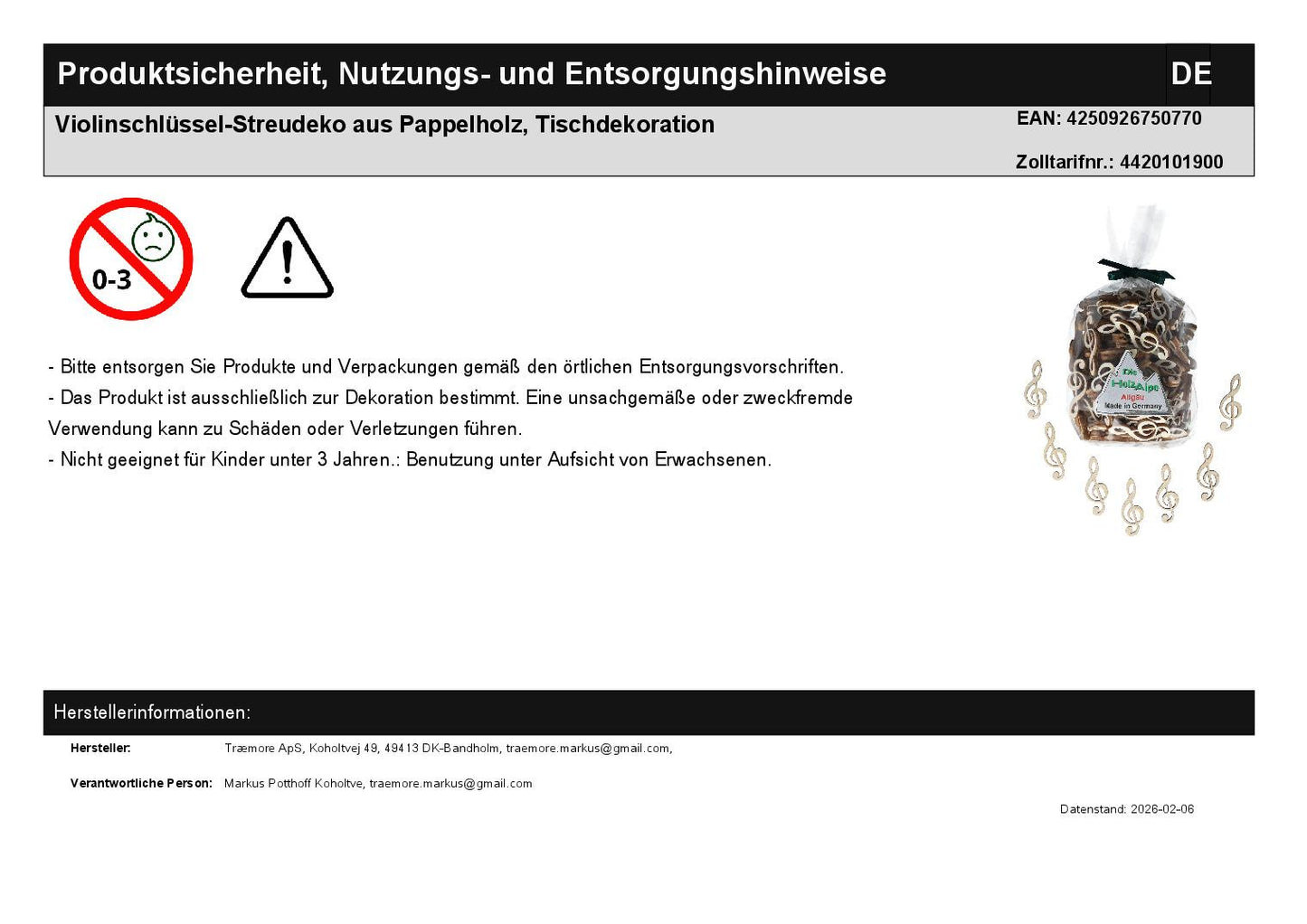 Violinschlüssel-Streudeko aus Pappelholz, Tischdekoration