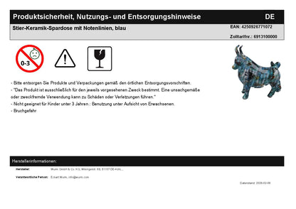 Taurus ceramic money box with music lines, blue