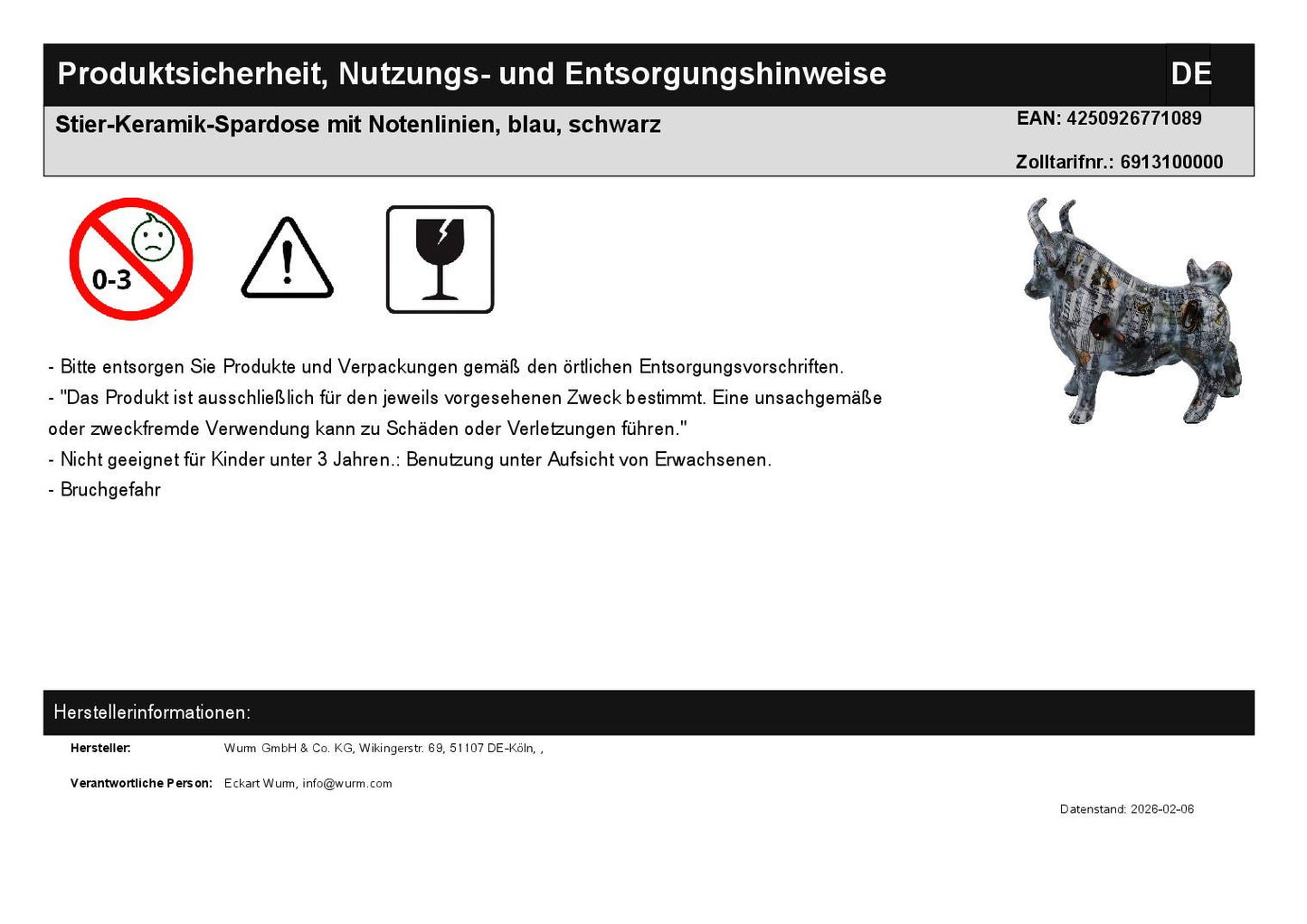 Stier-Keramik-Spardose mit Notenlinien, blau, schwarz