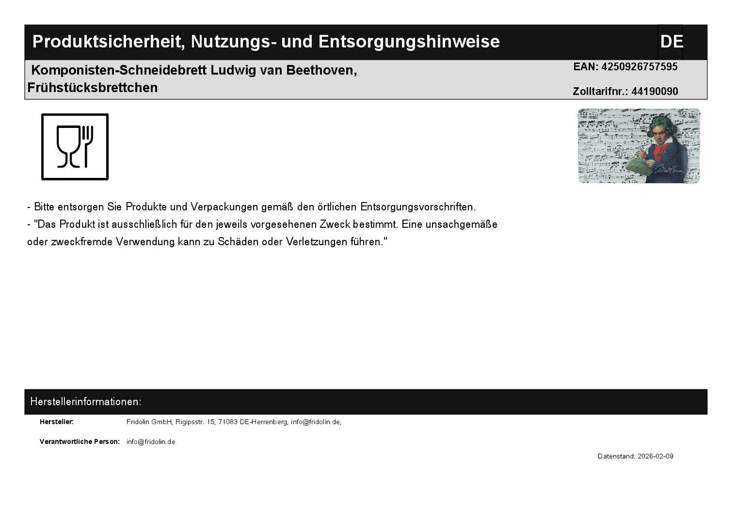 Komponisten-Schneidebrett Ludwig van Beethoven, Frühstücksbrettchen