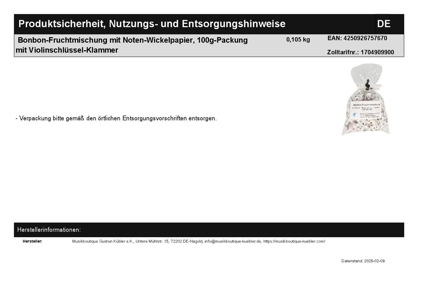 Bonbon-Fruchtmischung mit Noten-Wickelpapier, 100g-Packung mit Violinschlüssel-Klammer