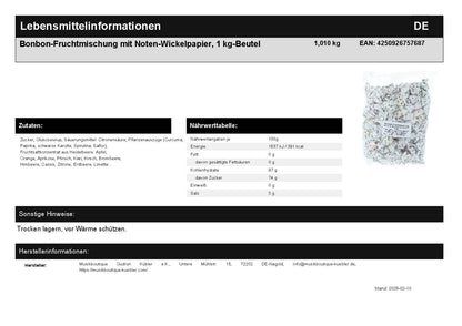 Bonbon-Fruchtmischung mit Noten-Wickelpapier, 1 kg-Beutel