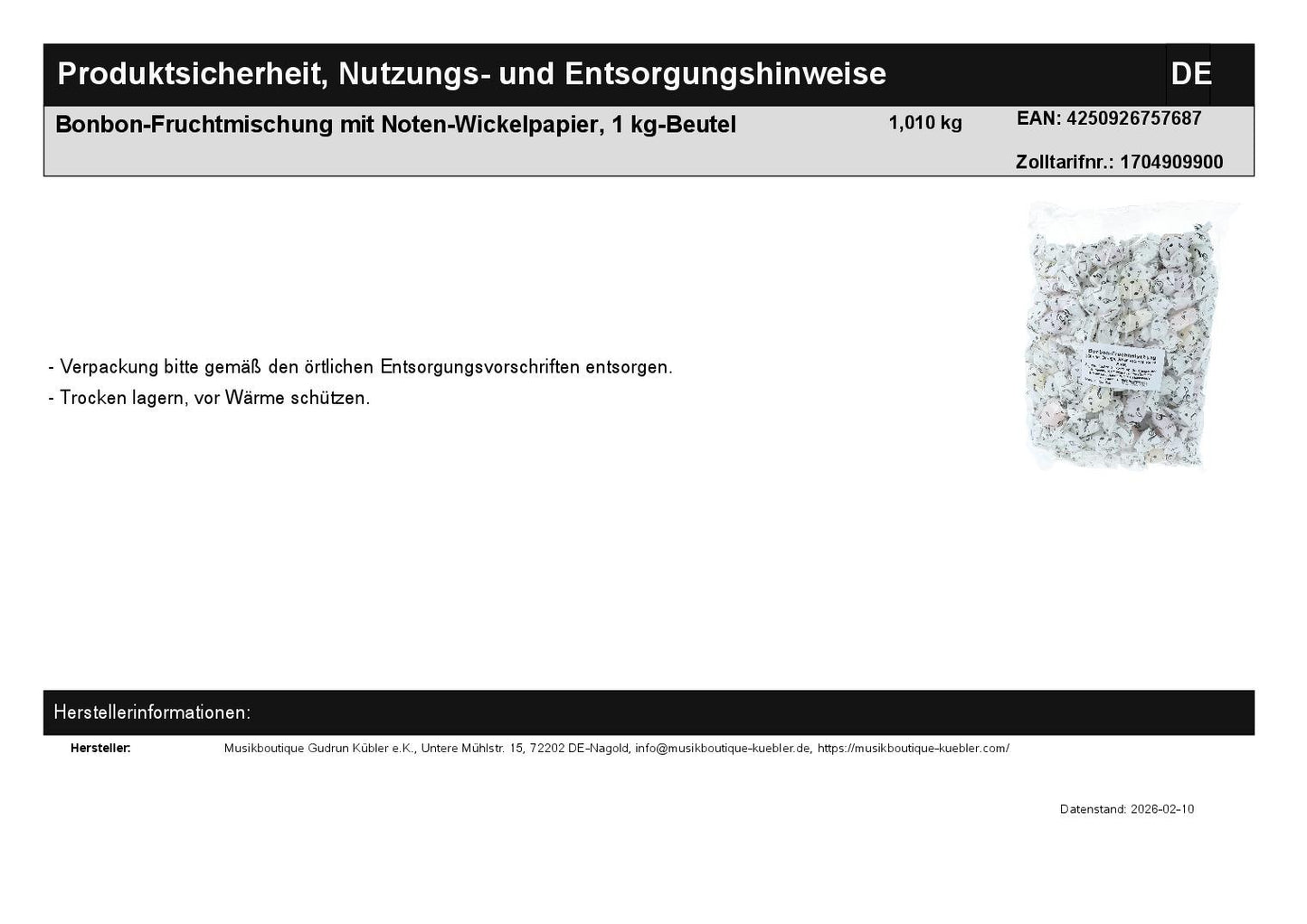 Bonbon-Fruchtmischung mit Noten-Wickelpapier, 1 kg-Beutel