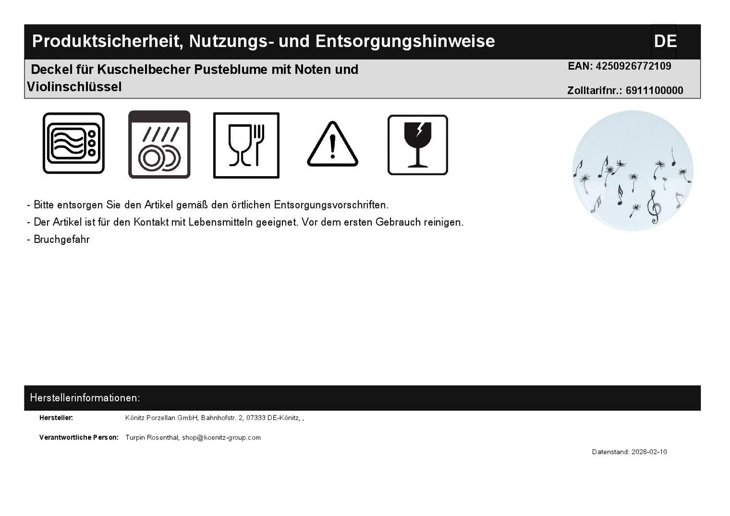 Deckel für Kuschelbecher Pusteblume mit Noten und Violinschlüssel