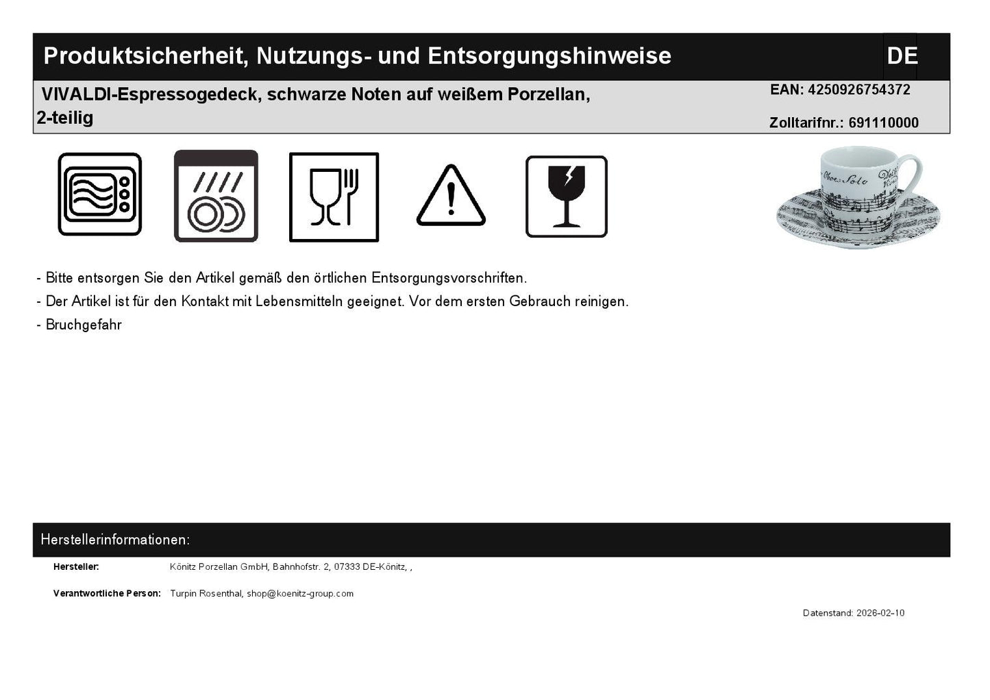 VIVALDI-Espressogedeck, schwarze Noten auf weißem Porzellan, 2-teilig