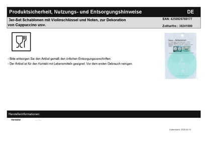 3er-Set Schablonen mit Violinschlüssel und Noten, zur Dekoration von Cappuccino usw.
