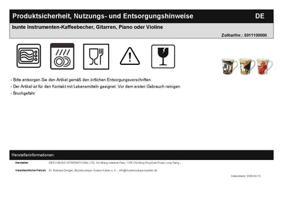 bunte Instrumenten-Kaffeebecher, Gitarren, Piano oder Violine