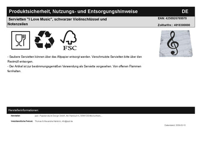 Servietten "I Love Music", schwarzer Violinschlüssel und Notenzeilen