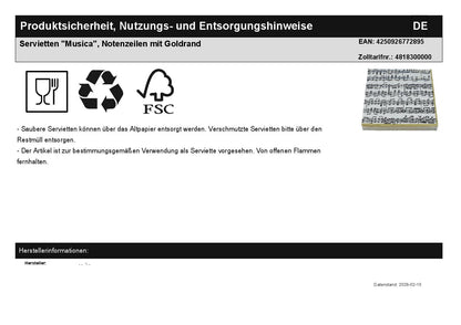 Servietten "Musica", Notenzeilen mit Goldrand