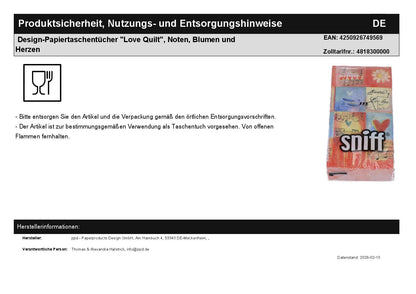 Design paper handkerchiefs "Love Quilt", notes, flowers and hearts