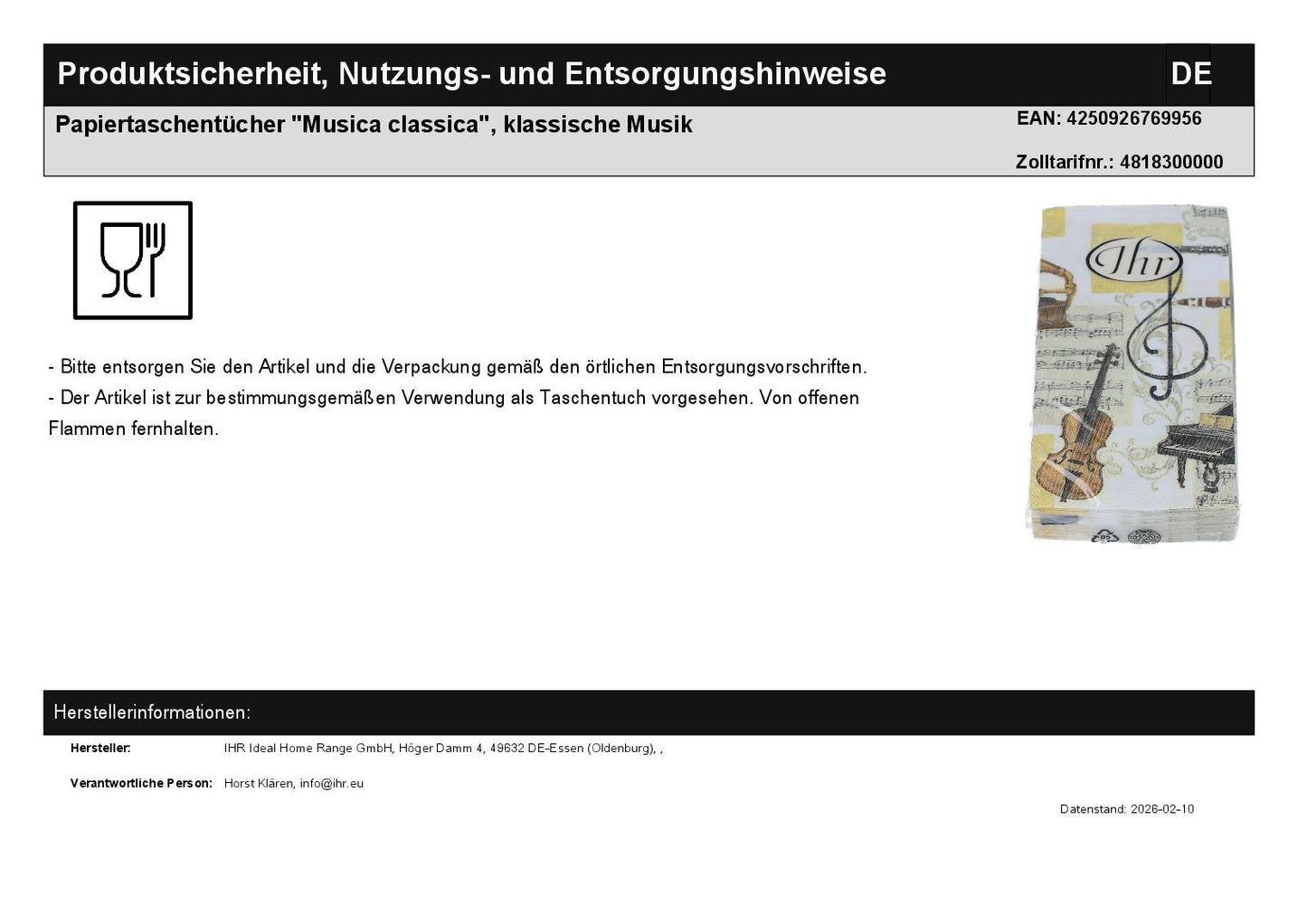 Paper handkerchiefs "Musica classica", classical music