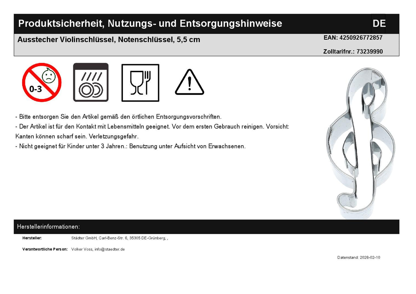 Ausstecher Violinschlüssel, Notenschlüssel, 5,5 cm