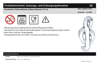 Ausstecher Violinschlüssel, Notenschlüssel, 5,5 cm