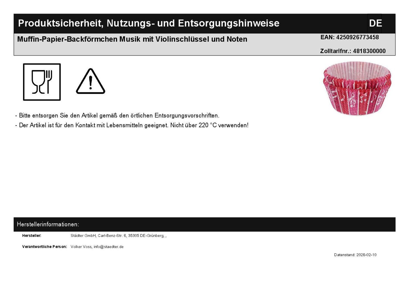 Muffin-Papier-Backförmchen Musik mit Violinschlüssel und Noten