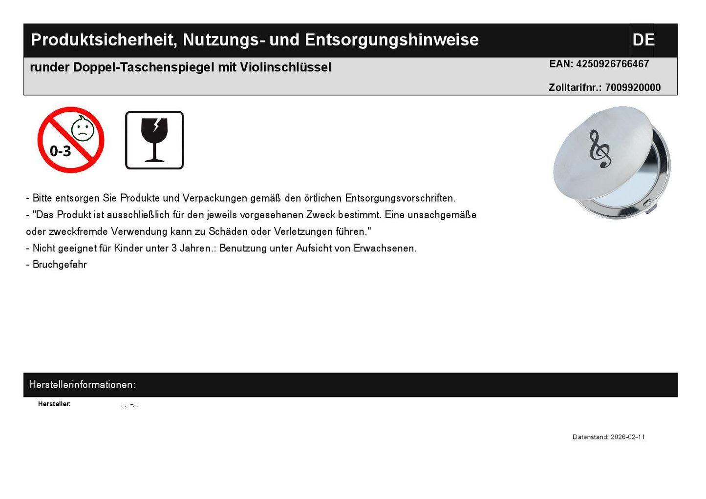 round double pocket mirror with treble clef