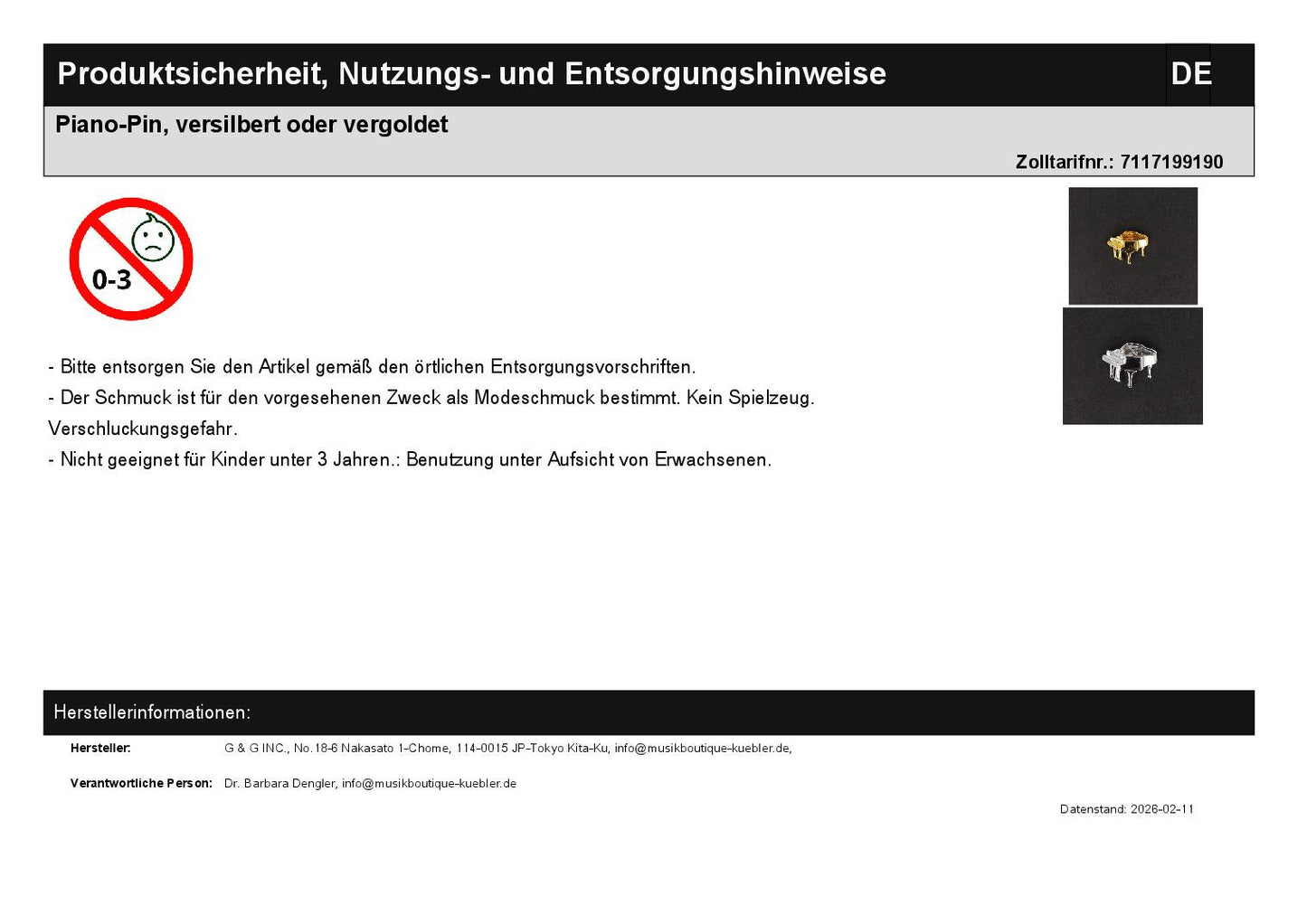 Piano-Pin, versilbert oder vergoldet