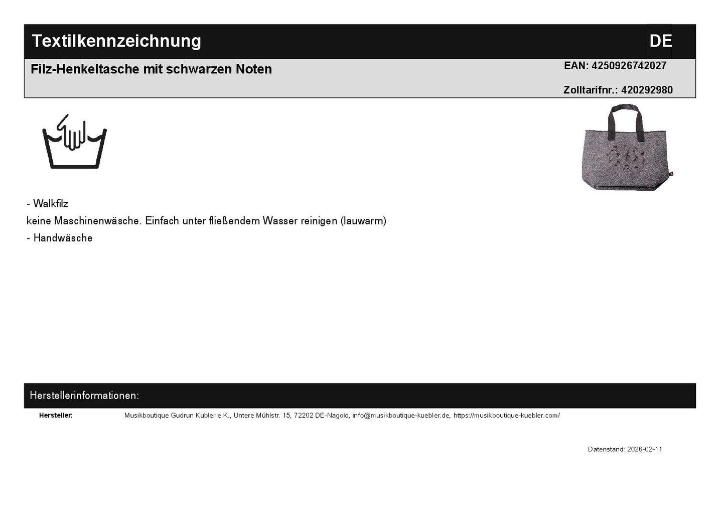 Filz-Henkeltasche mit schwarzen Noten