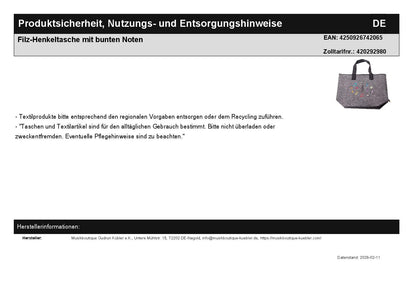 Filz-Henkeltasche mit bunten Noten