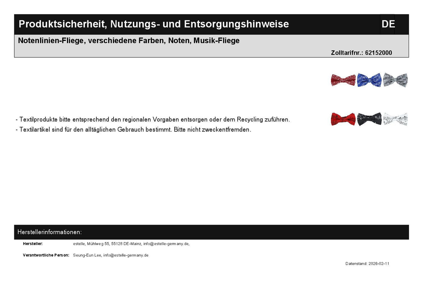 Notenlinien-Fliege, verschiedene Farben, Noten, Musik-Fliege