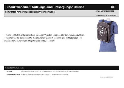 schwarzer Kinder-Rucksack mit Violinschlüssel
