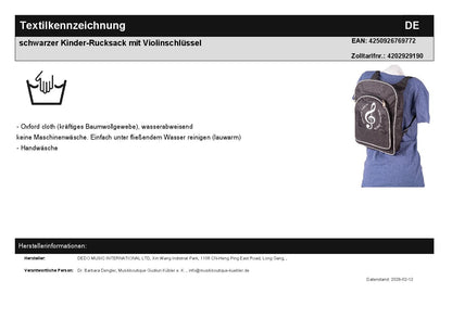 schwarzer Kinder-Rucksack mit Violinschlüssel