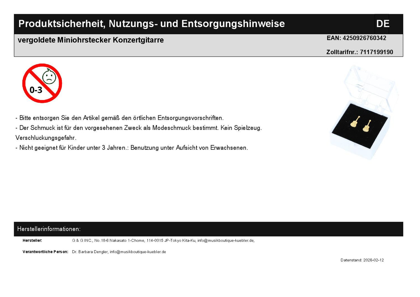 vergoldete Miniohrstecker Konzertgitarre