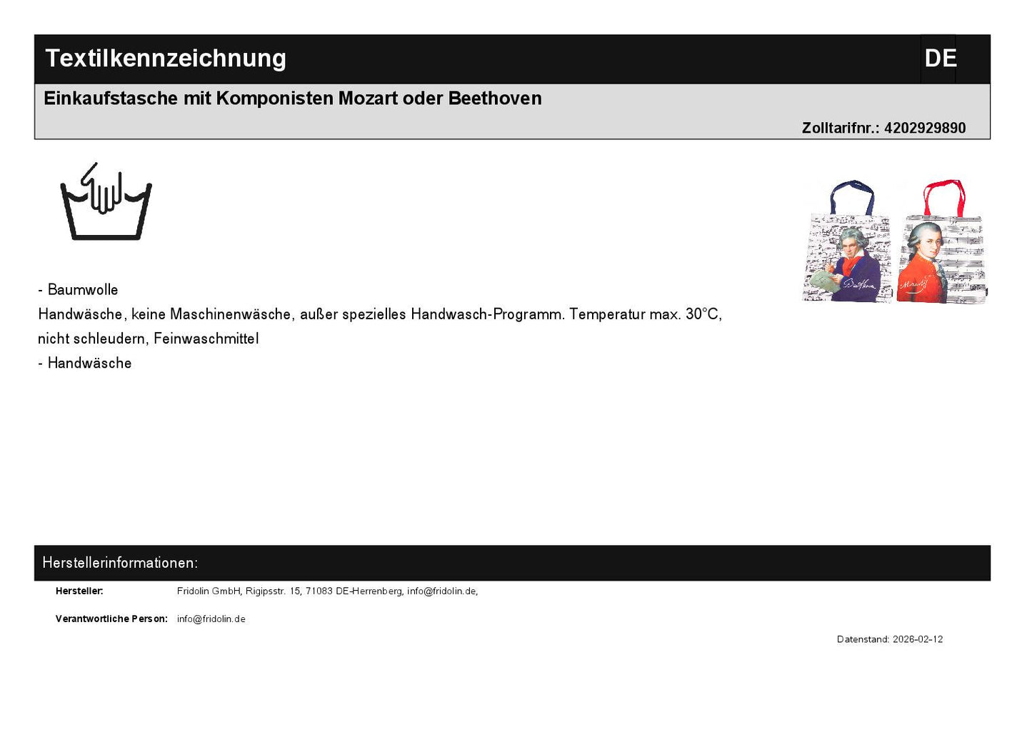 Shopping bag with composers Mozart or Beethoven