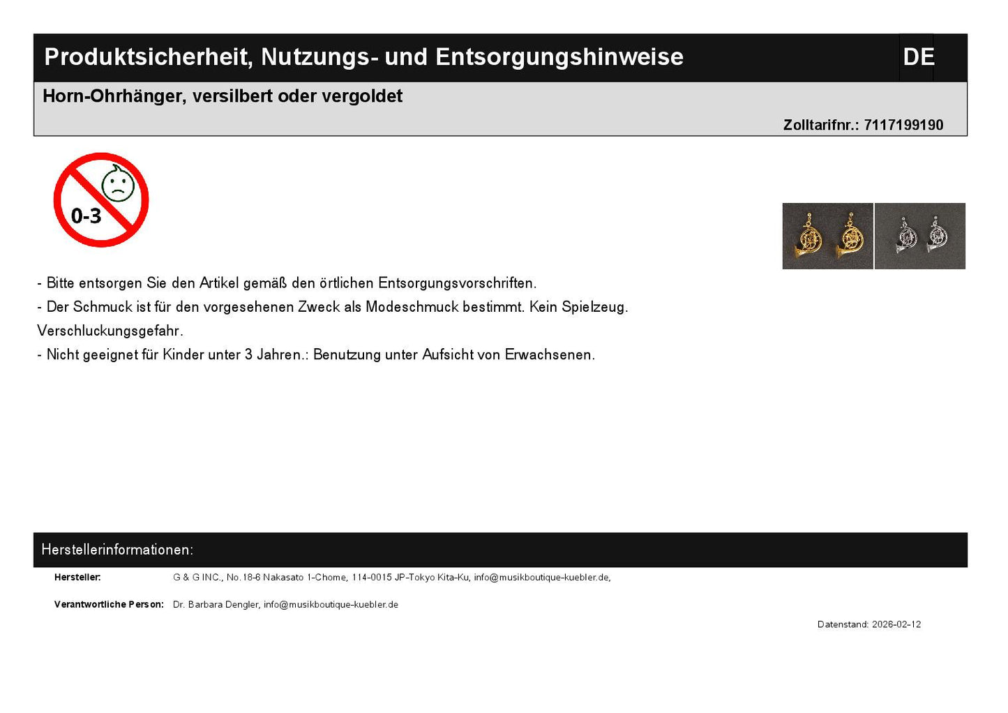 Horn earrings, silver-plated or gold-plated