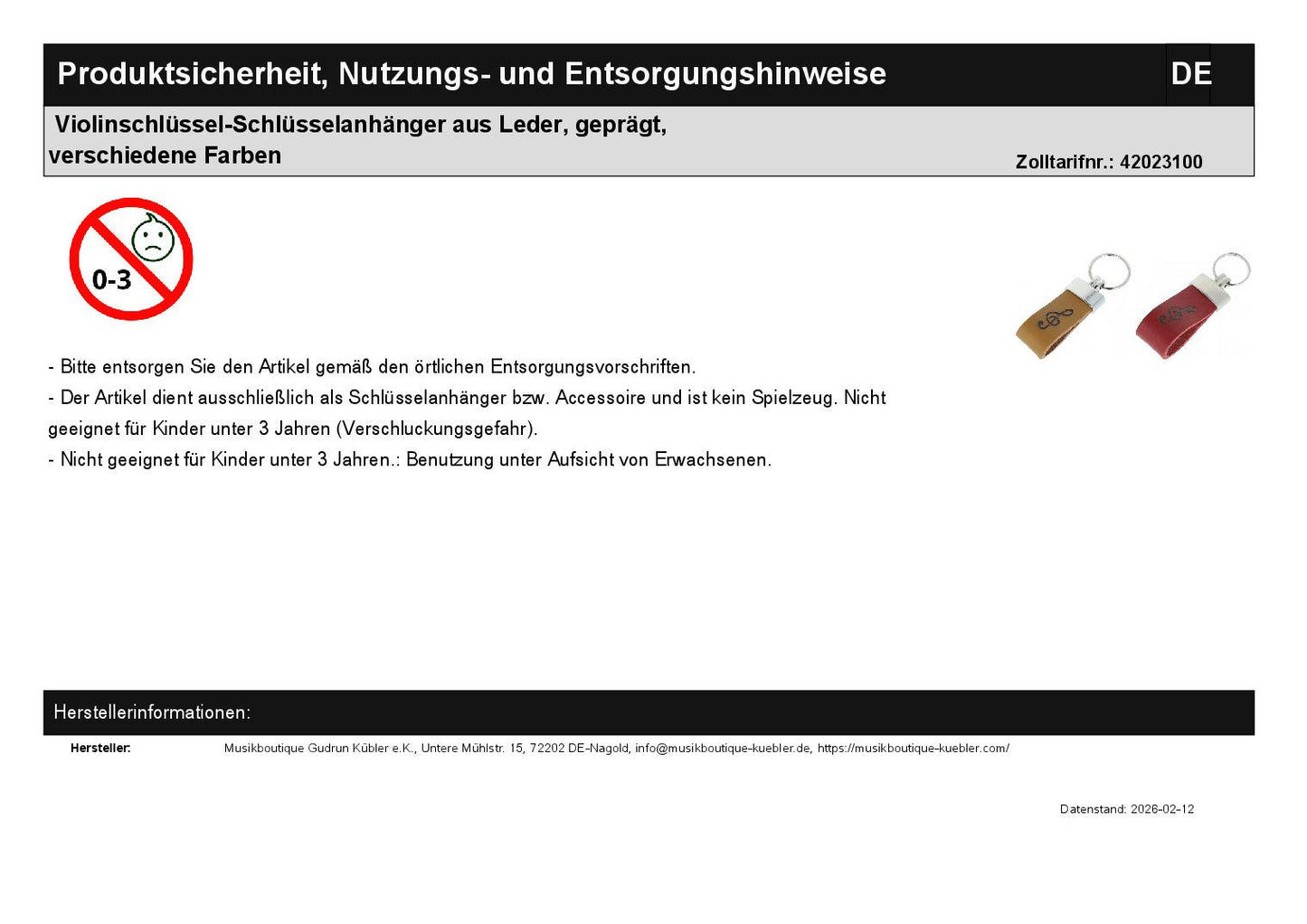 Violinschlüssel-Schlüsselanhänger aus Leder, geprägt, verschiedene Farben