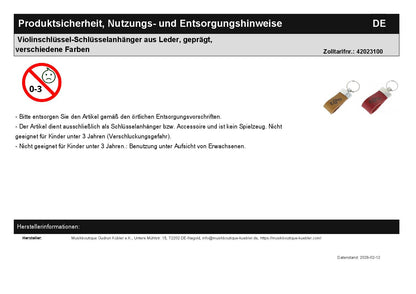 Violinschlüssel-Schlüsselanhänger aus Leder, geprägt, verschiedene Farben