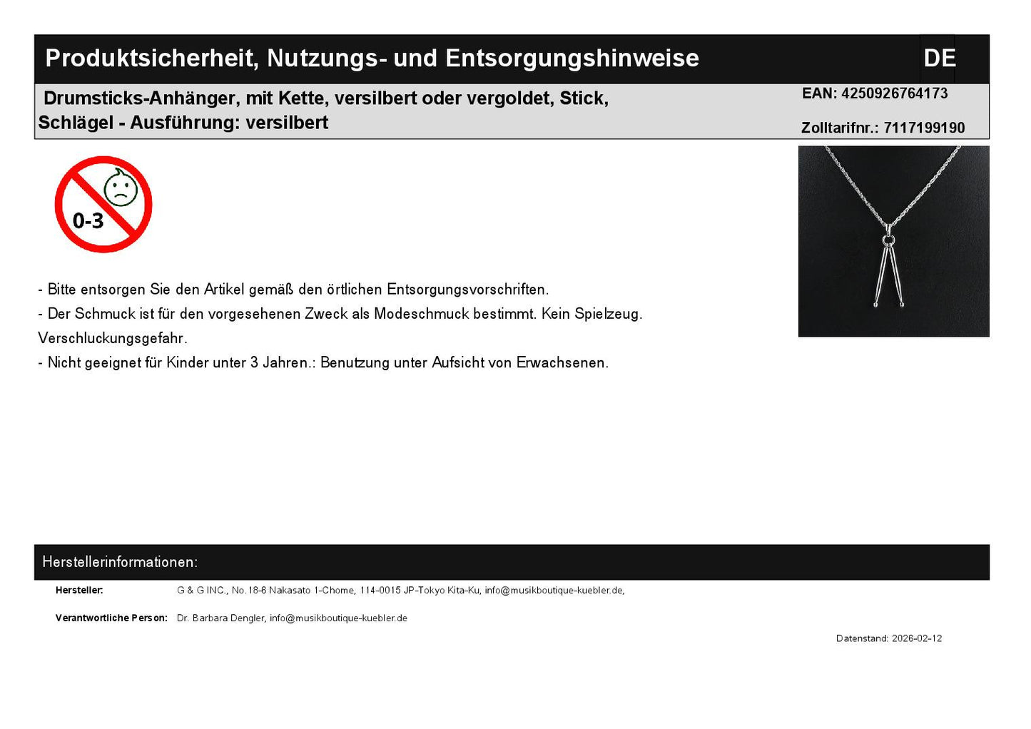 Drumsticks-Anhänger, mit Kette, versilbert oder vergoldet, Stick, Schlägel - Ausführung: versilbert
