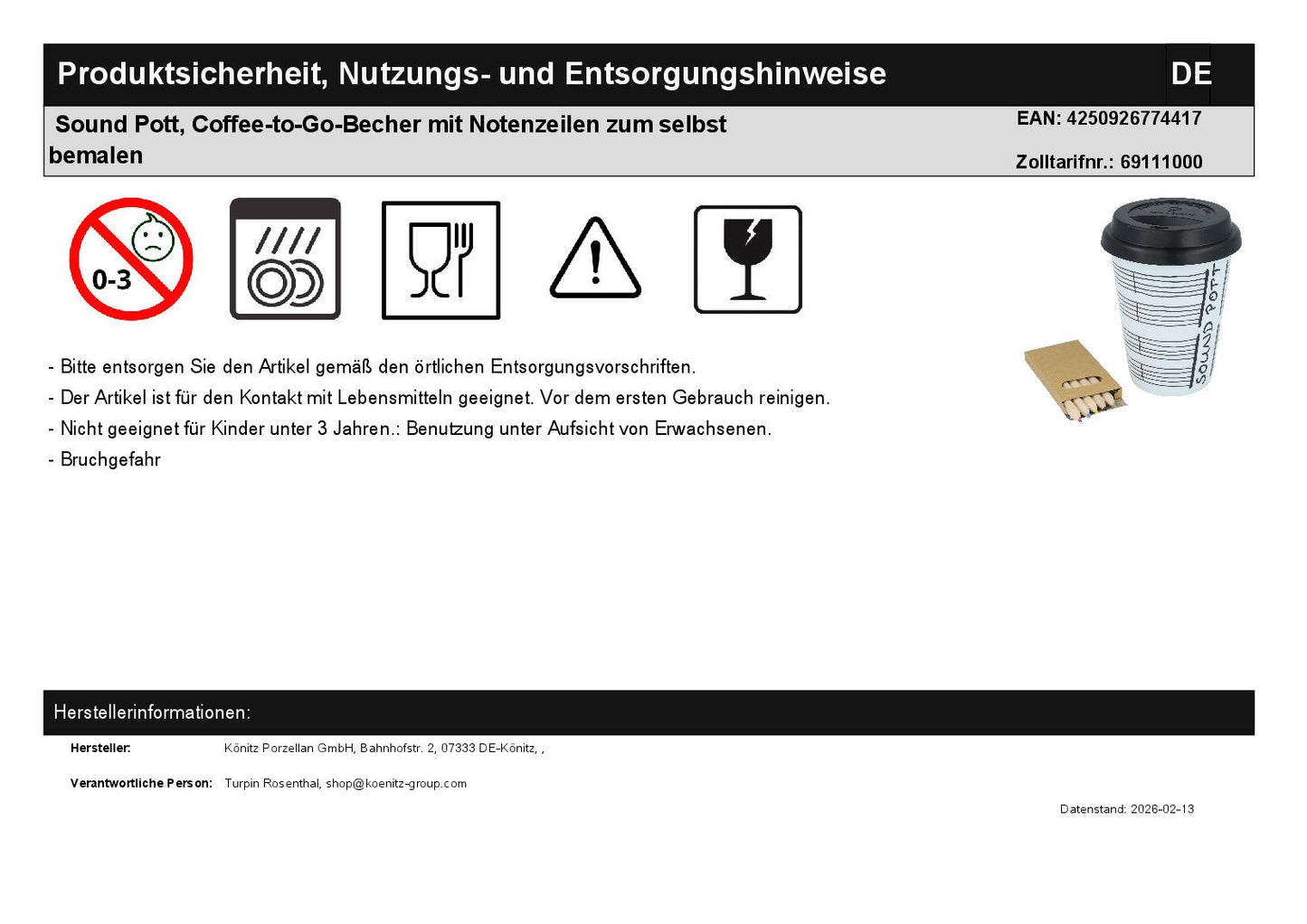 Sound Pott, Coffee-to-Go-Becher mit Notenzeilen zum selbst bemalen