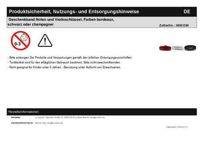 Gift ribbon notes and treble clef, colors burgundy, black or champagne