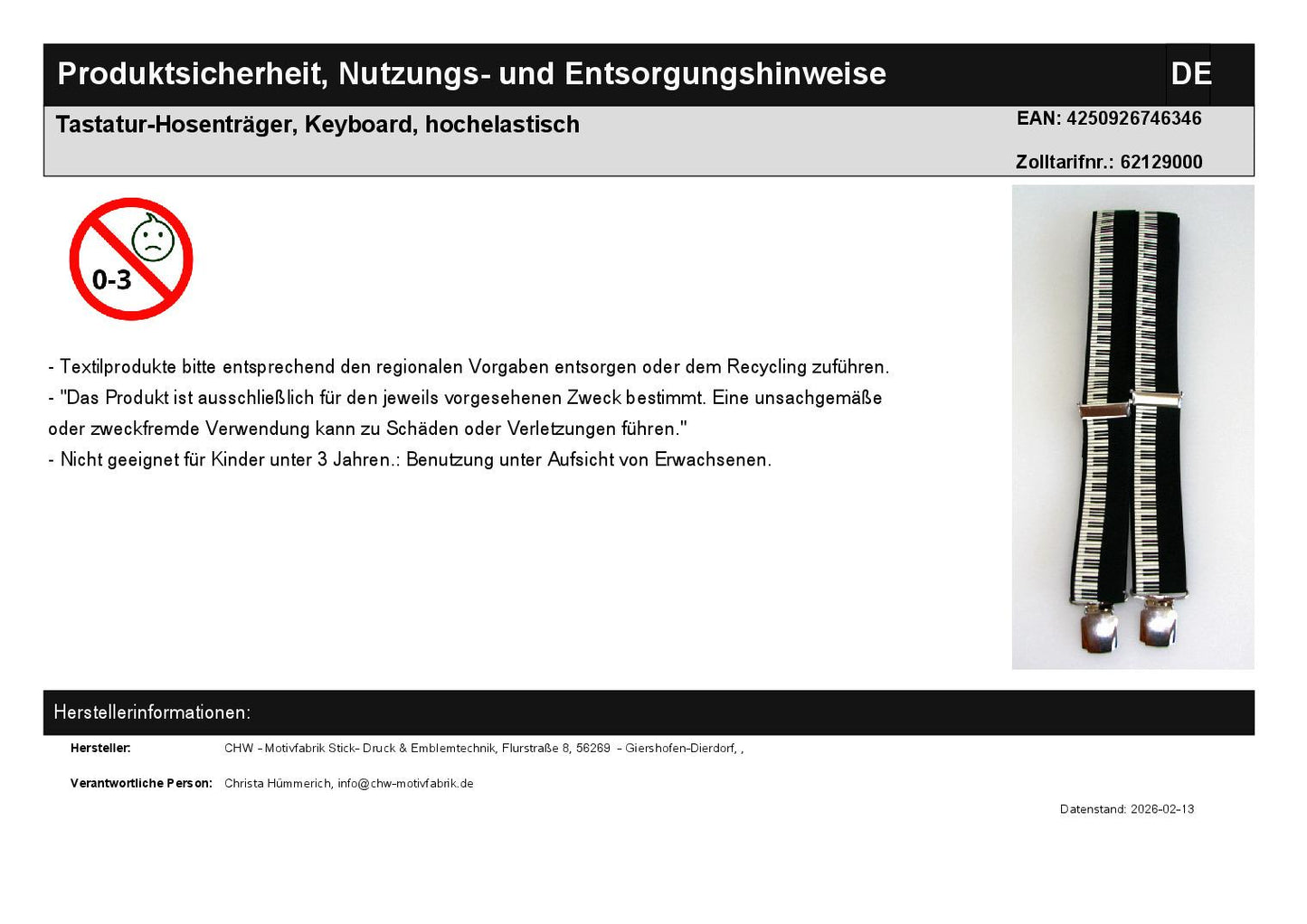 Tastatur-Hosenträger, Keyboard, hochelastisch