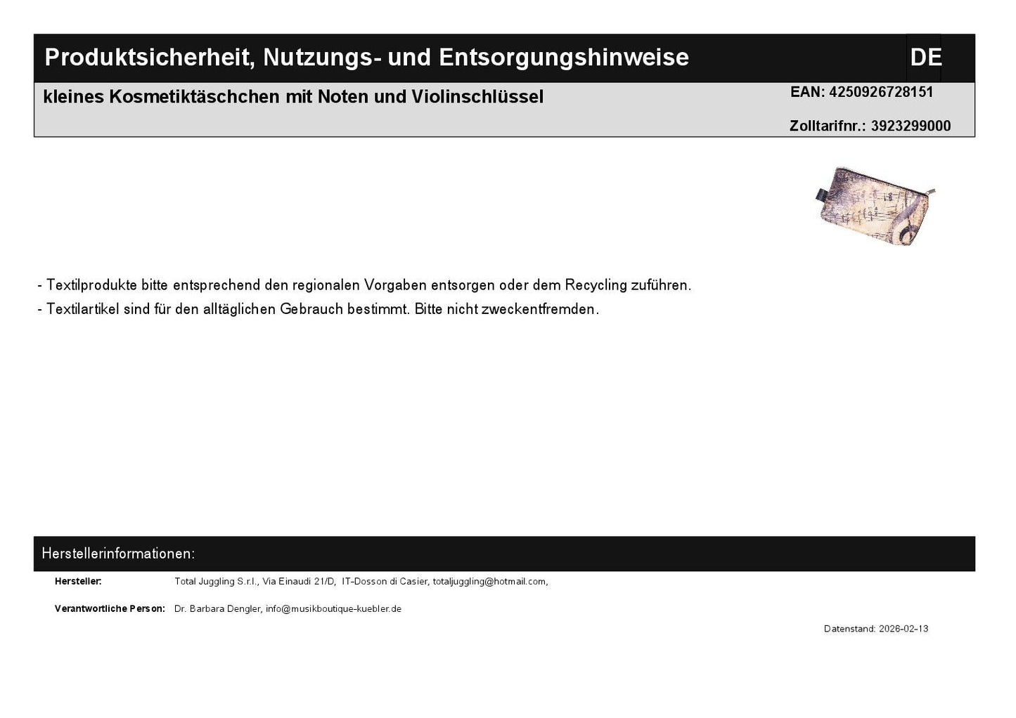 small cosmetic bag with notes and treble clef