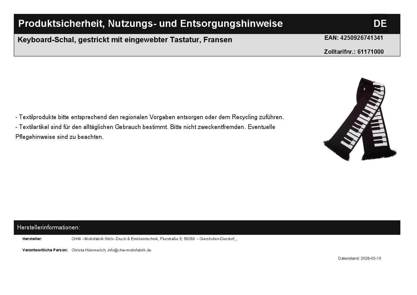 Keyboard-Schal, gestrickt mit eingewebter Tastatur, Fransen