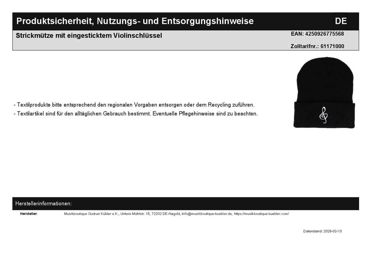 Strickmütze mit eingesticktem Violinschlüssel