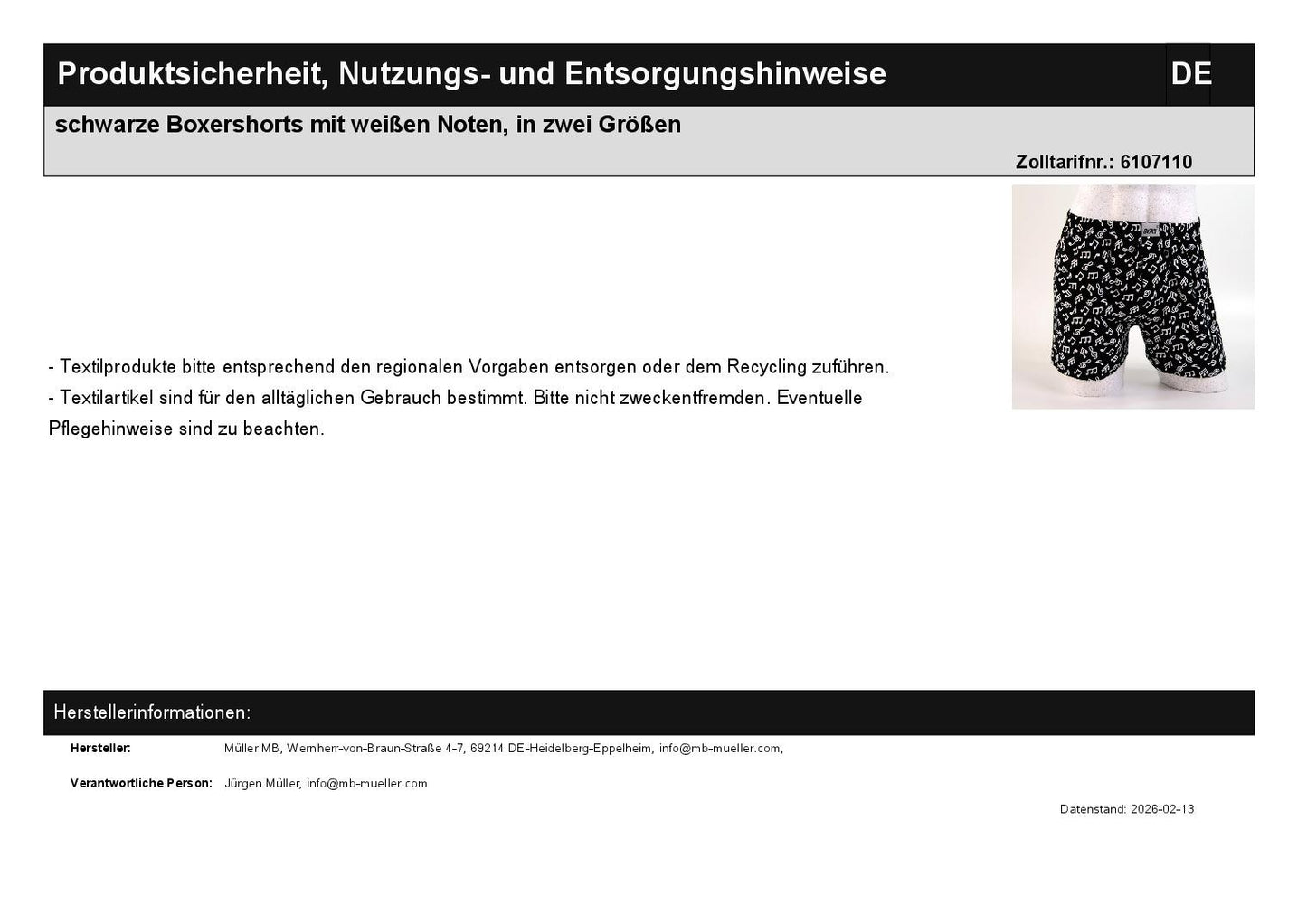 schwarze Boxershorts mit weißen Noten, in zwei Größen