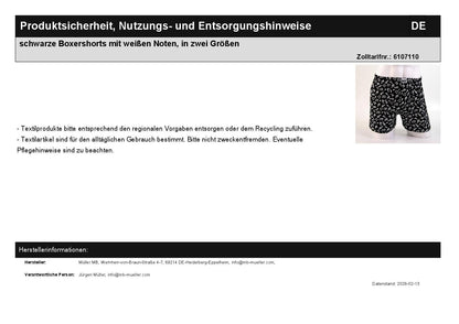 schwarze Boxershorts mit weißen Noten, in zwei Größen