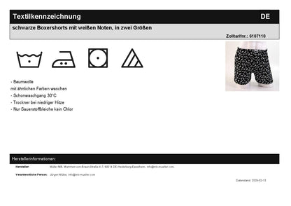 schwarze Boxershorts mit weißen Noten, in zwei Größen