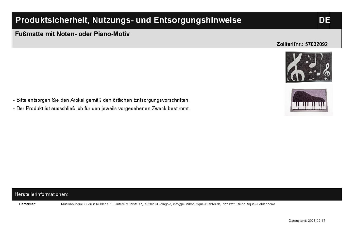 Fußmatte mit Noten- oder Piano-Motiv