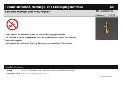 Saxophone pendant, without chain, gold-plated