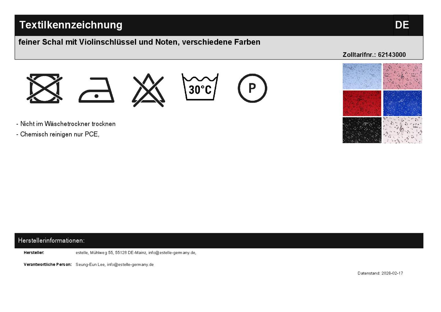 feiner Schal mit Violinschlüssel und Noten, verschiedene Farben